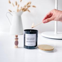 Happy golden anniversary scented candle with metal lid 50 Wedding anniversary gift for her him couple friend fifty 50th Anniversary present