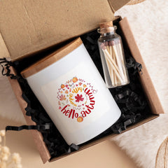 Hello Autumn scented candle Fall Birthday Gift for Her Cosy Autumn Decor Pumpkin Spice Lover Gift Idea FREE gift box & mini matches included