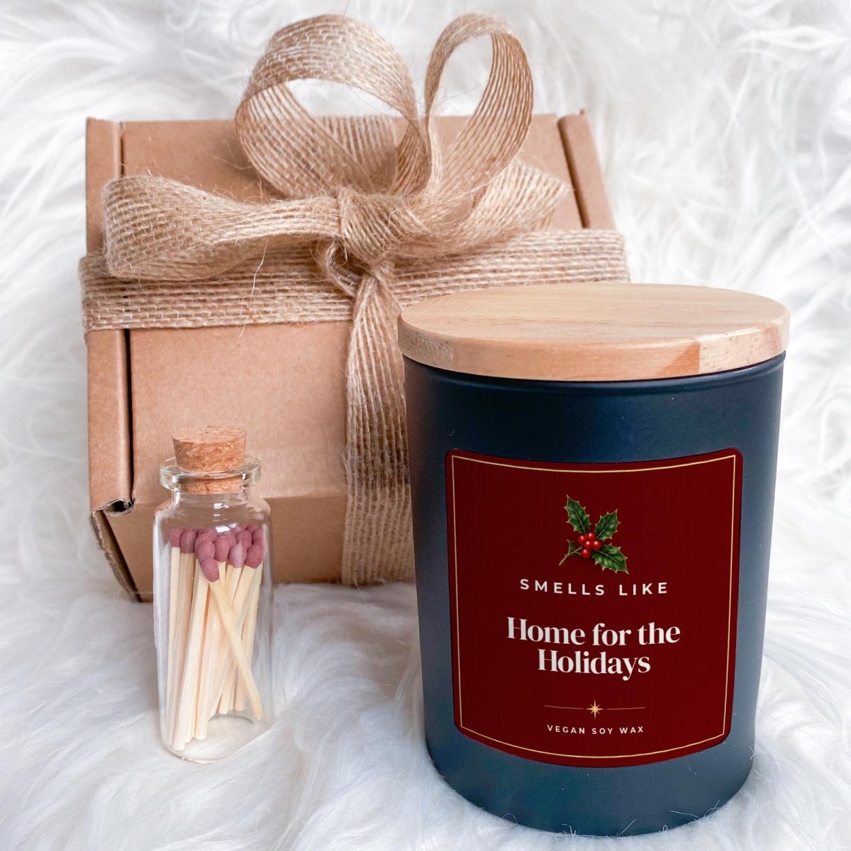 Home for the Holidays Christmas Candle, with Ribbon tied Gift Box and Matches Jar