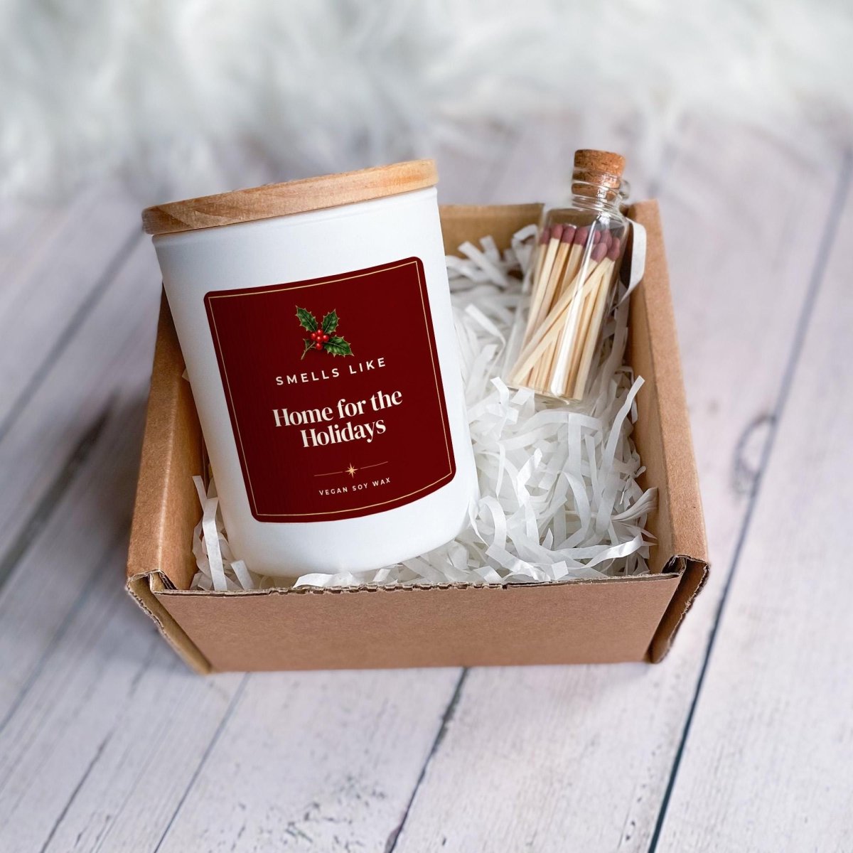 Home for the Holidays Christmas Candle, with Ribbon tied Gift Box and Matches Jar