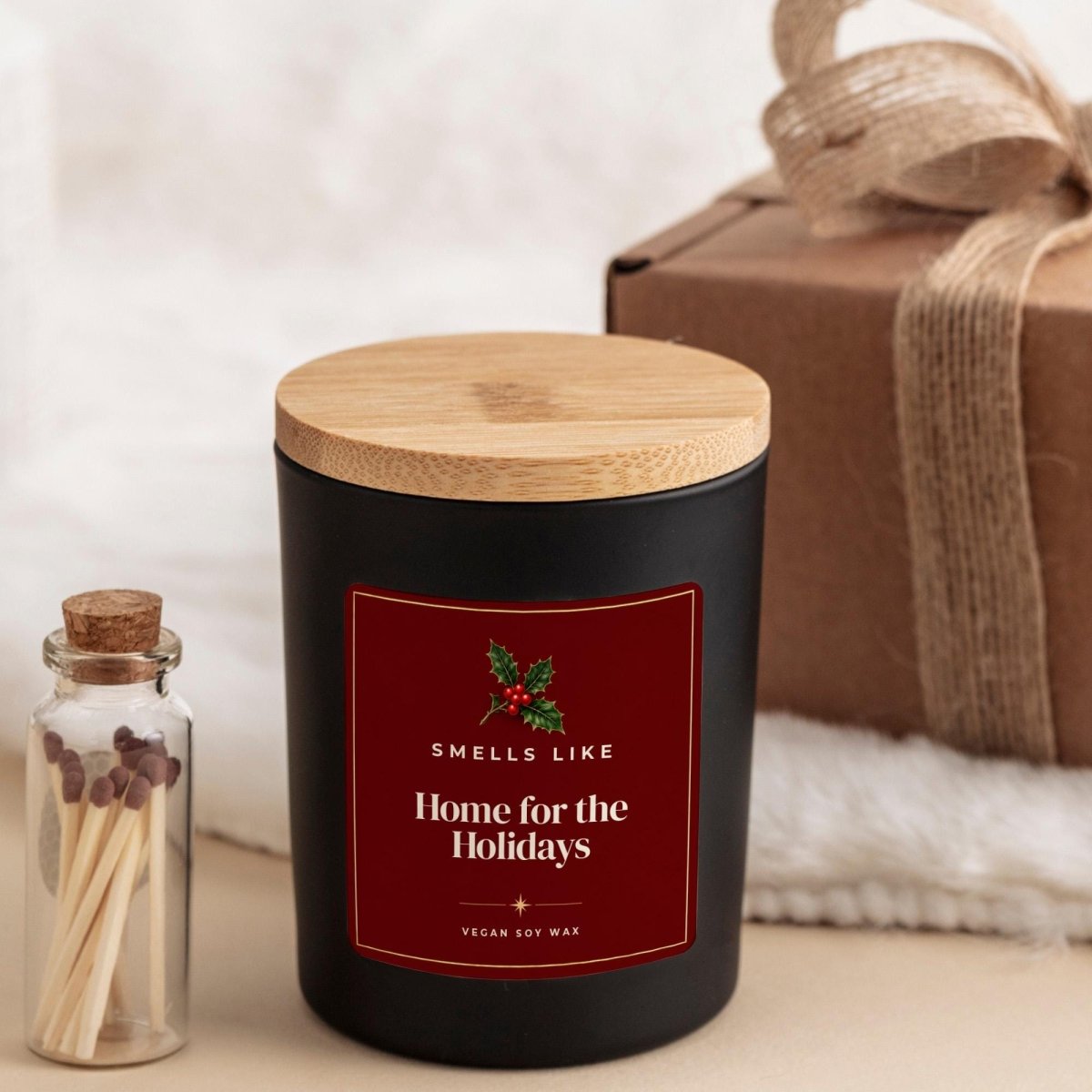 Home for the Holidays Christmas Candle, with Ribbon tied Gift Box and Matches Jar