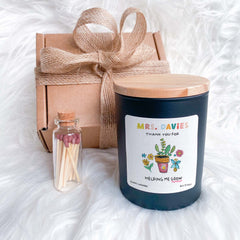 Personalised teacher gift Scented candle FREE GIFT PACKAGE w matches Thank you for helping me grow End of year Nursery Primary Appreciation