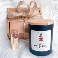 Cute First Christmas Married Scented Candle Mr and Mrs Last Name Personalised Gift for Wife 1st Xmas Married Wedding Gift