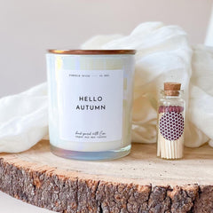 Hello autumn scented candle with mini matches jar Autumn home decor Cosy decoration Autumn birthday gift Fall decor