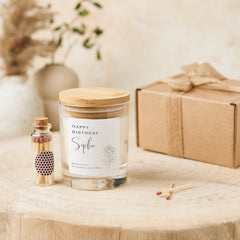 Personalised Happy Birthday Scented Vegan Candle Gift Set with Name for Her with Wooden Lid Keepsake Friend Niece Auntie Mum Grandma Present