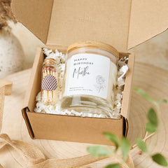 Personalised Happy Birthday Scented Vegan Candle Gift Set with Name for Her with Wooden Lid Keepsake Friend Niece Auntie Mum Grandma Present