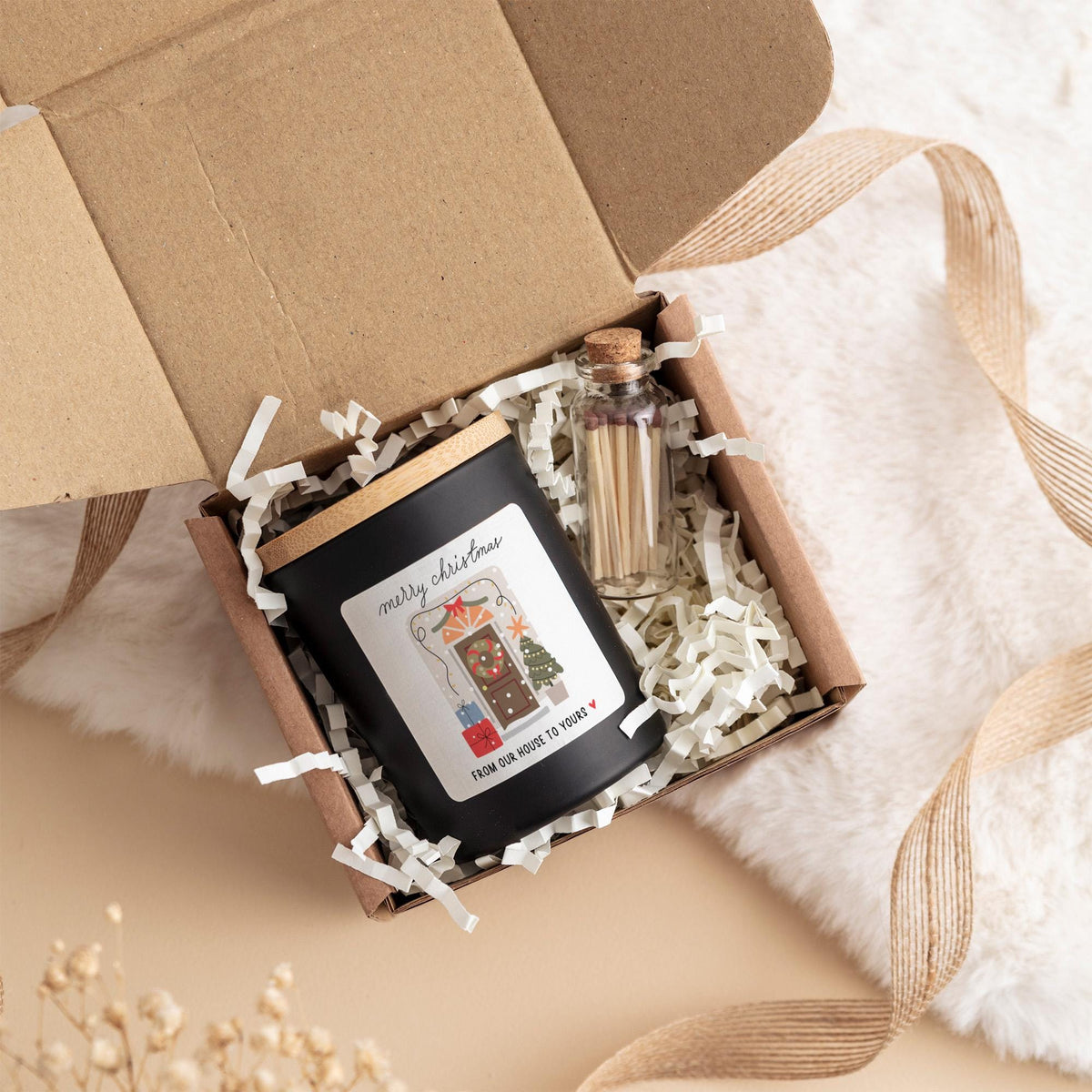 From Our House Christmas Candle Gift Set with Ribboned Box and Matches Jar