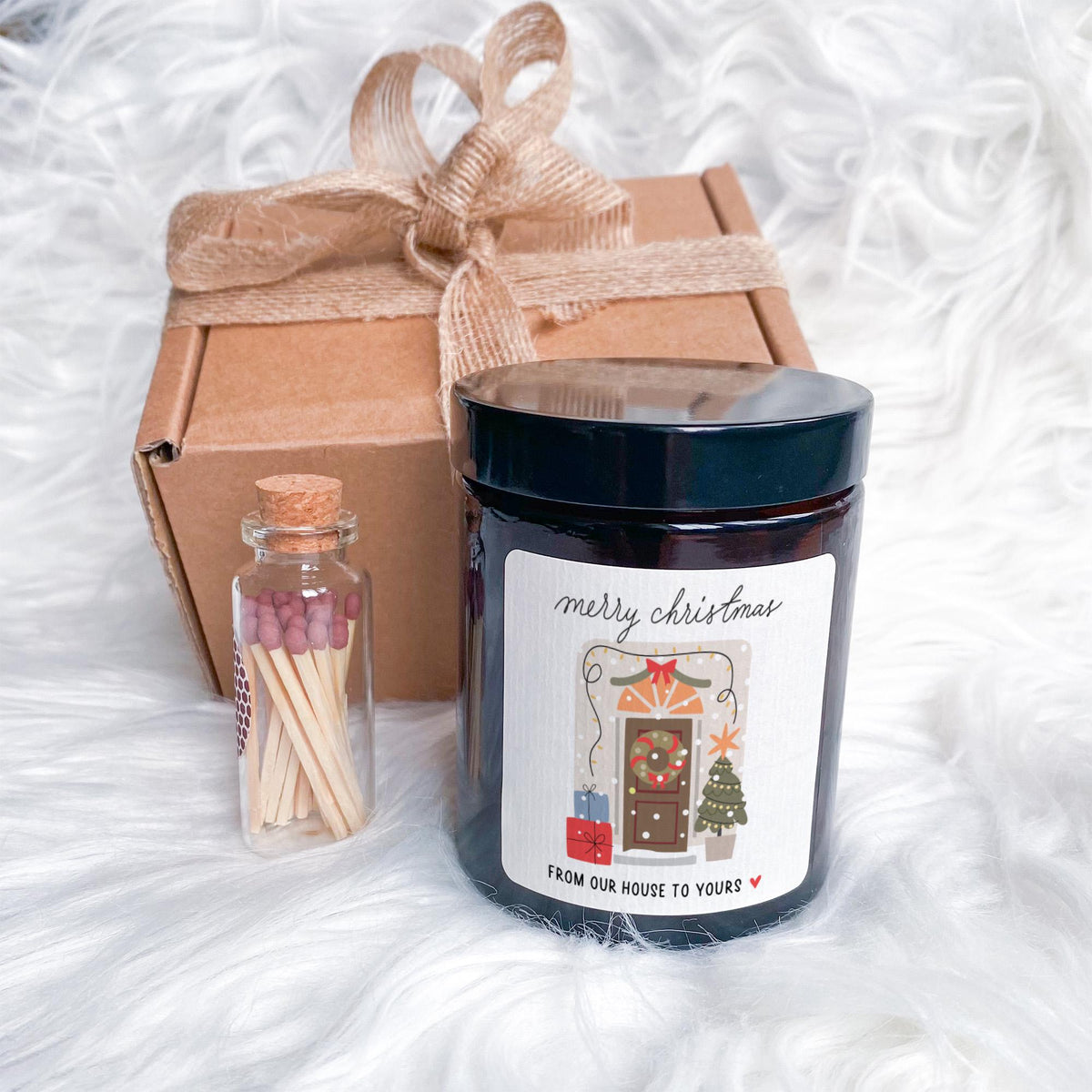 From Our House Christmas Candle Gift Set with Ribboned Box and Matches Jar