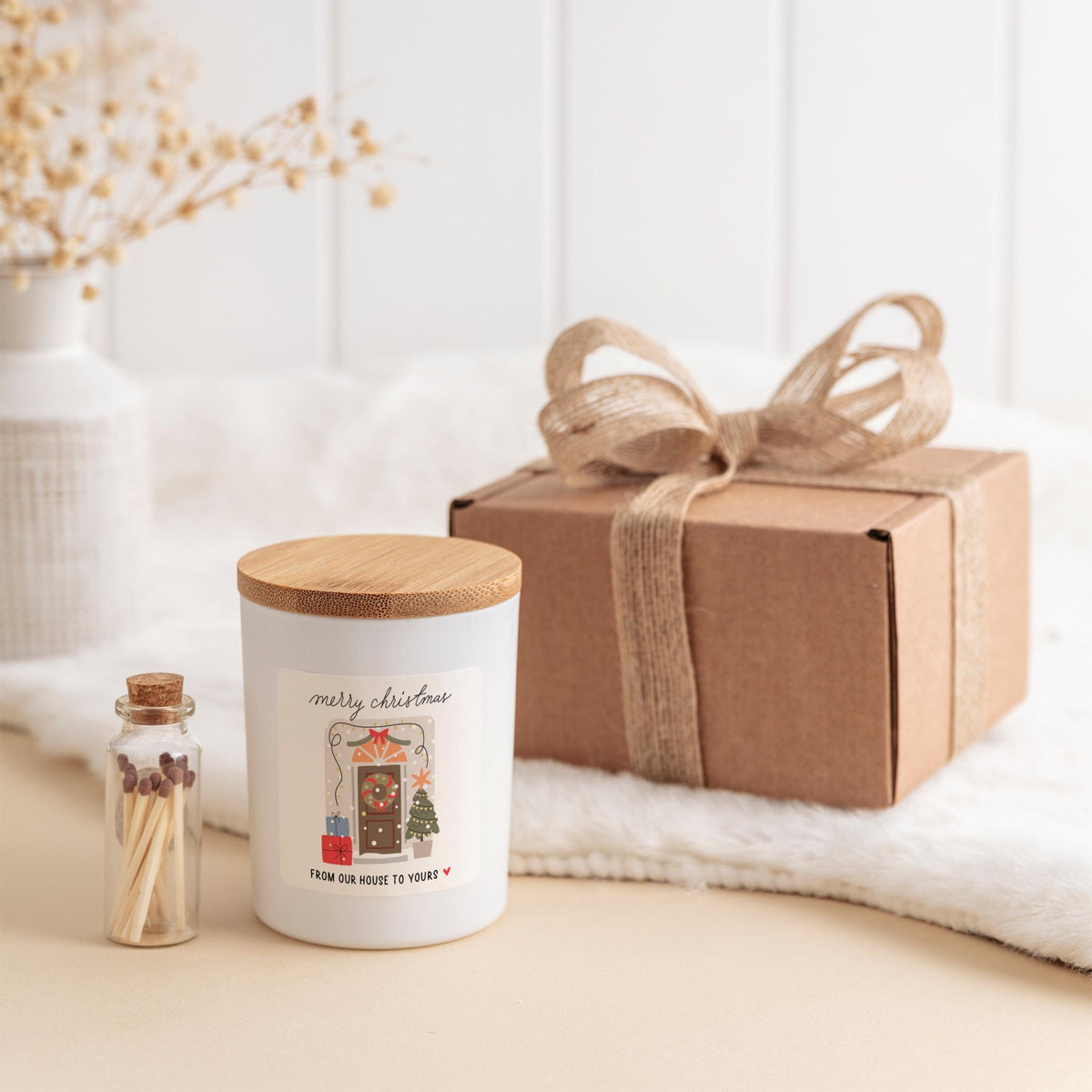 From Our House Christmas Candle Gift Set with Ribboned Box and Matches Jar