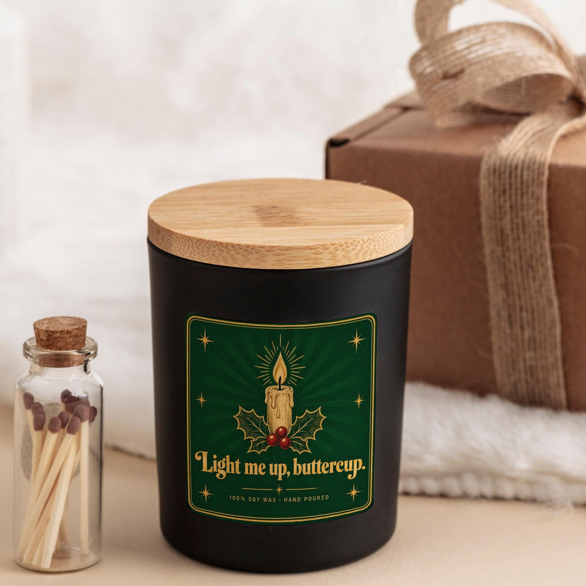Funny Retro Style Christmas Candle with Ribbon Tied Gift Box and Matches Jar