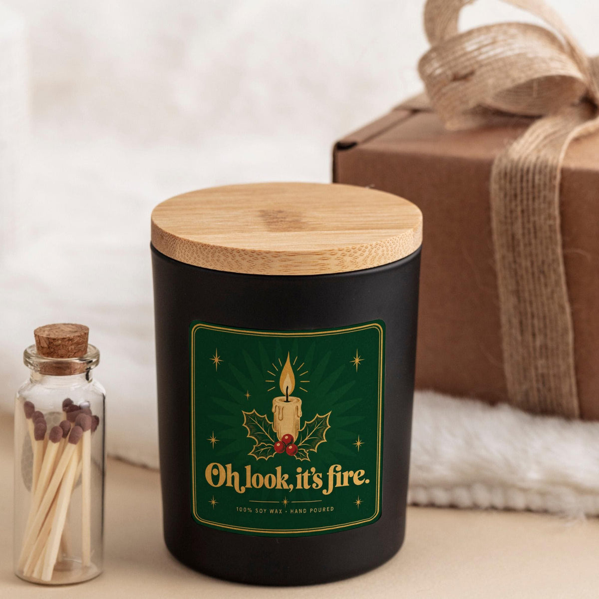 Funny Christmas Candle with Ribbon Tied Gift Box and Matches Jar Oh Look It’s Fire, Secret Santa