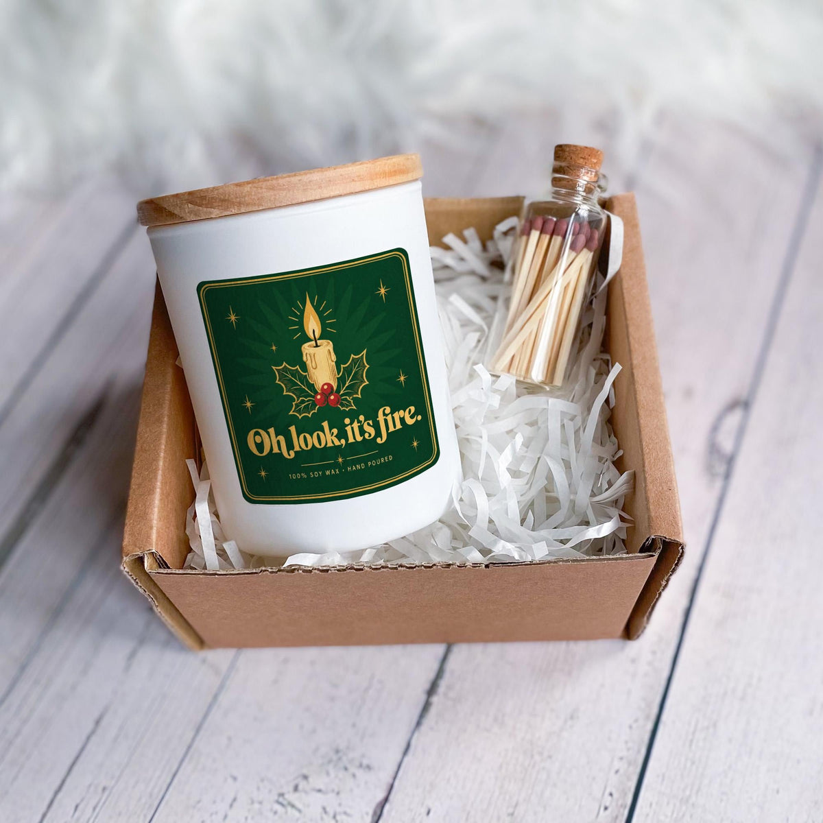 Funny Christmas Candle with Ribbon Tied Gift Box and Matches Jar Oh Look It’s Fire, Secret Santa