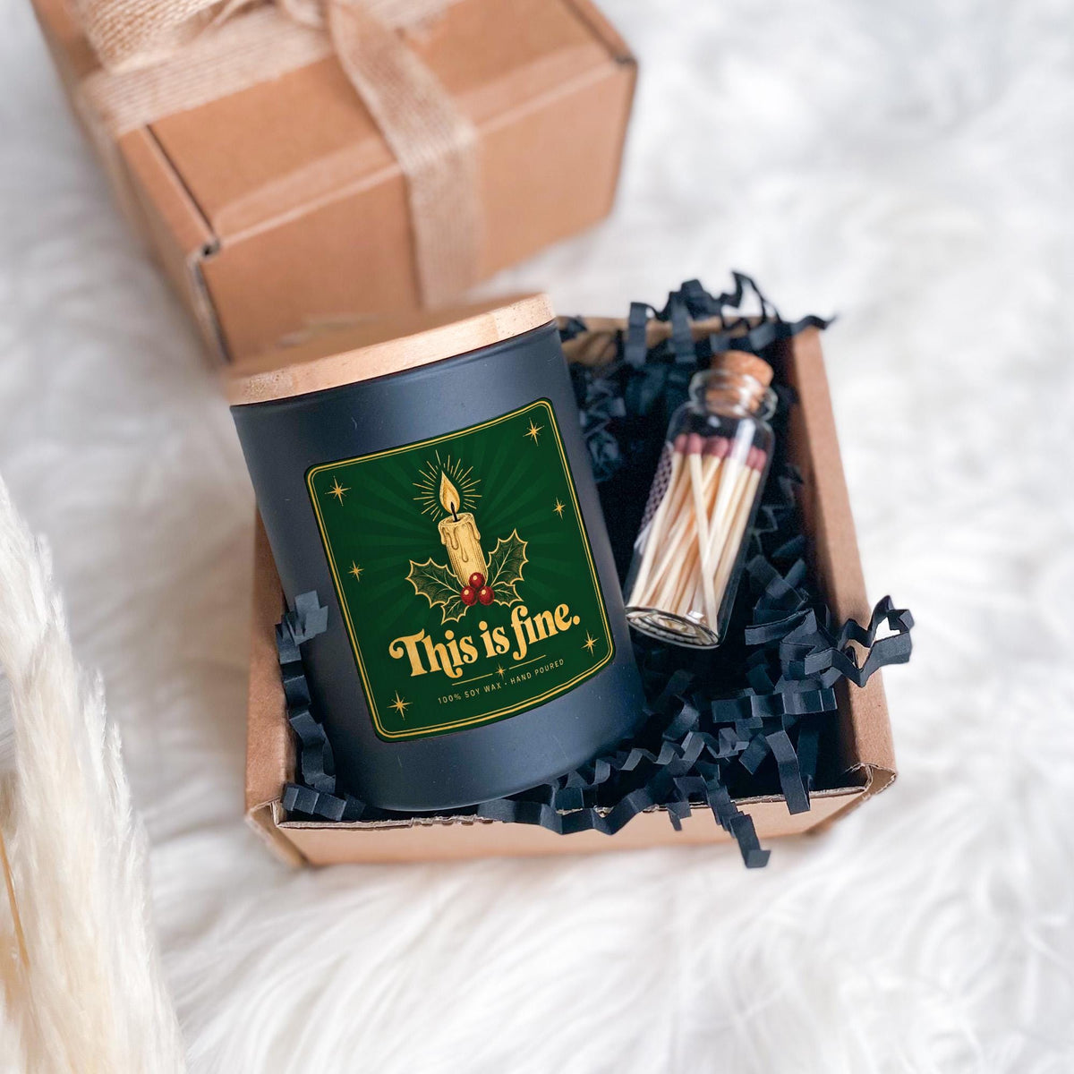 This Is Fine Candle with Gift Box and Matches Jar, Quirky Christmas Gift, Funny Office Present, Festive Soy Wax Candle