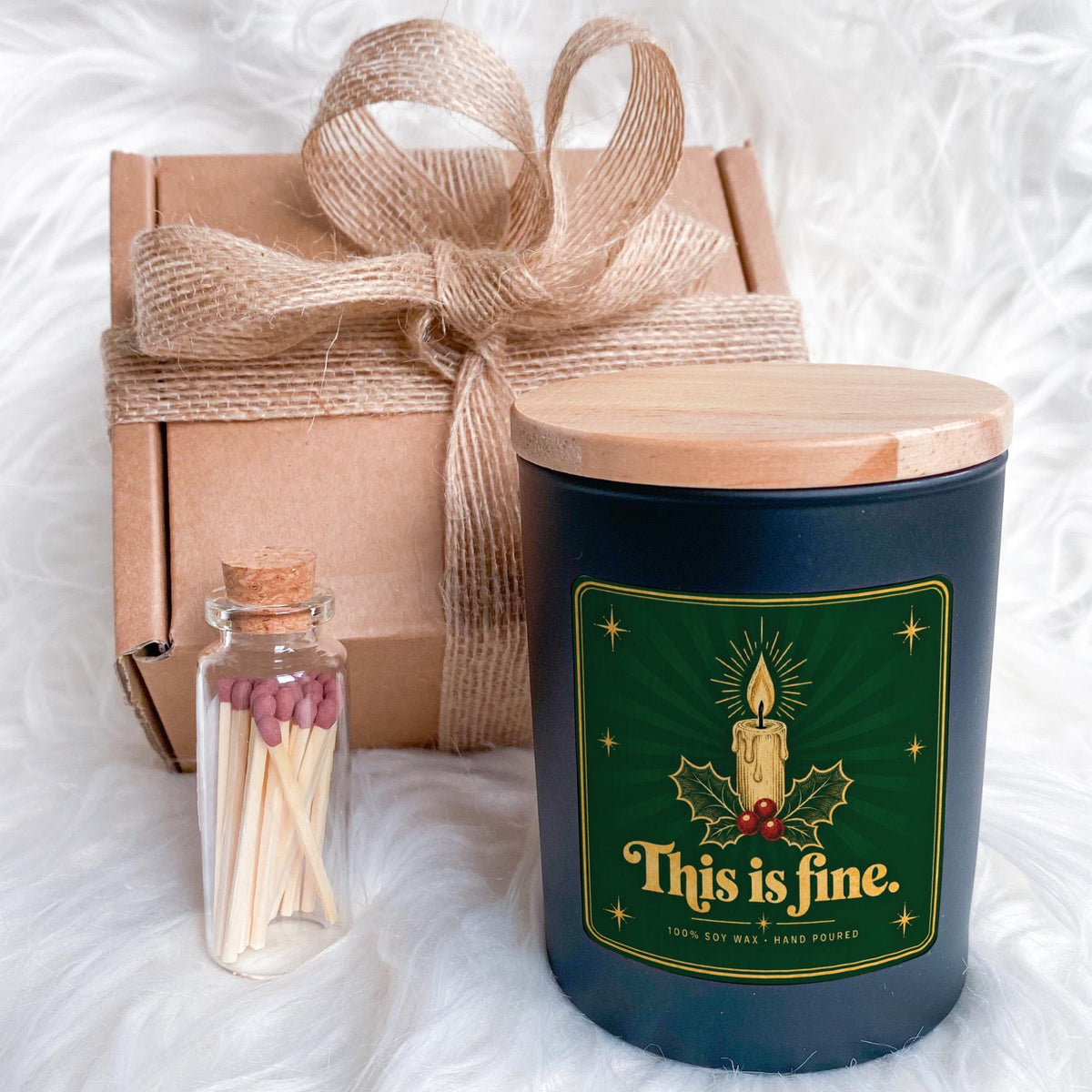 This Is Fine Candle with Gift Box and Matches Jar, Quirky Christmas Gift, Funny Office Present, Festive Soy Wax Candle
