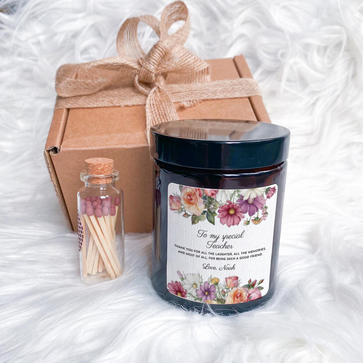 Personalised Teacher Candle Gift, with Ribboned Box and Matches Jar, Thank You Keepsake