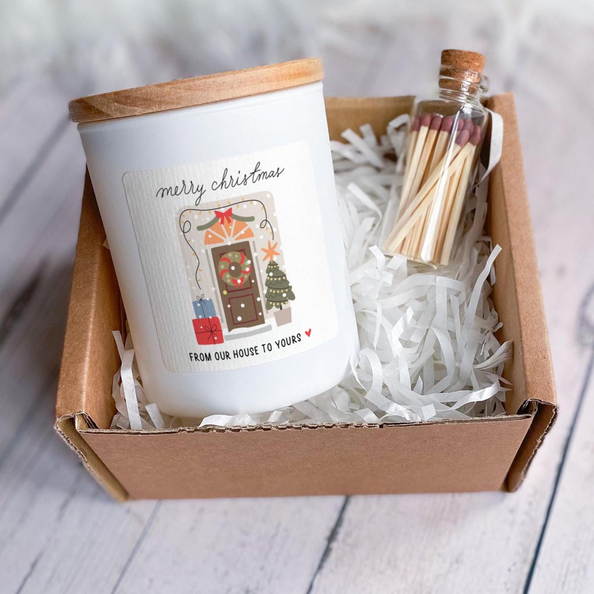 From Our House Christmas Candle Gift Set with Ribboned Box and Matches Jar