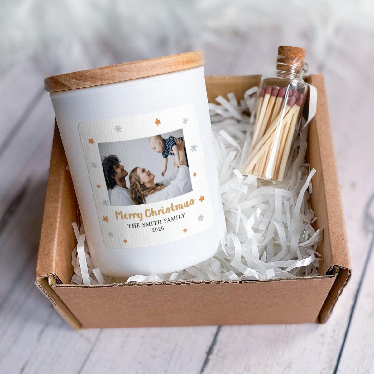 Personalised Family Photo Christmas Candle Gift Set with Ribboned Box and Matches Jar