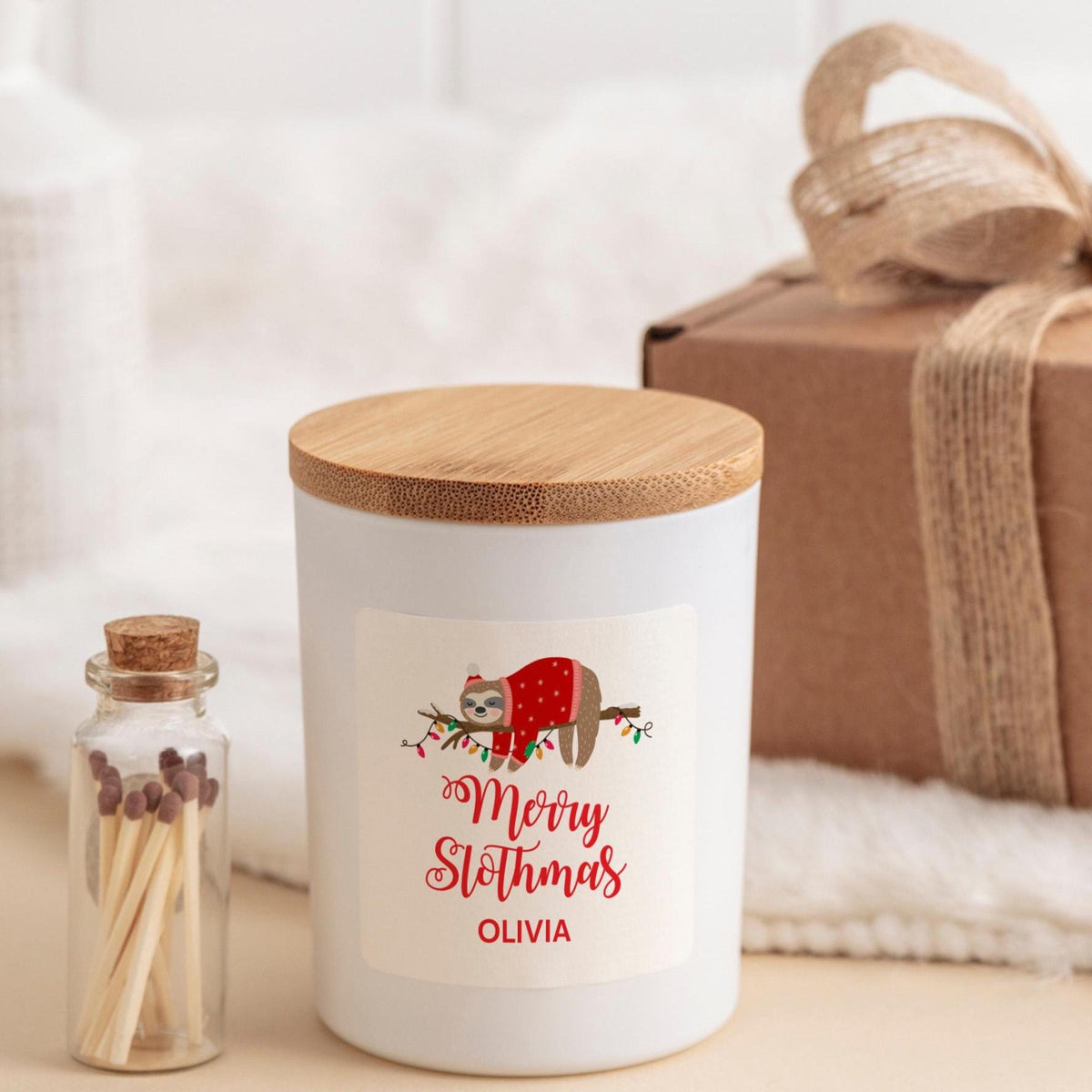 Personalised Christmas Candle Merry Slothmas Custom Name Gift Sloth