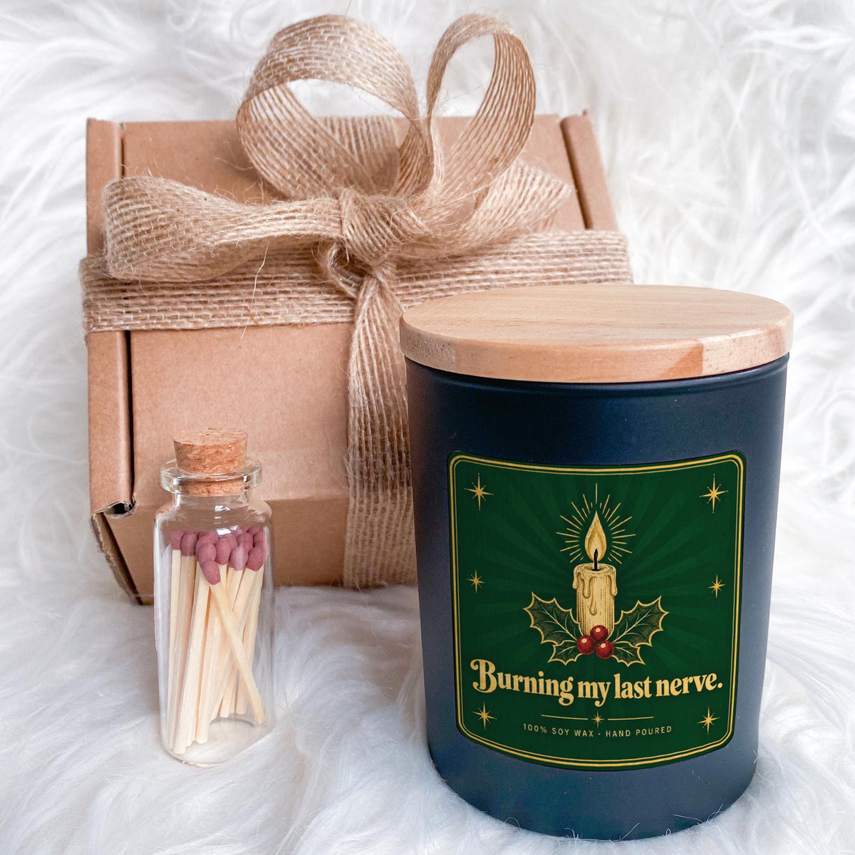Christmas Candle Gift with Ribbon Tied Gift Box and Matches Jar Retro Sarcastic Holiday