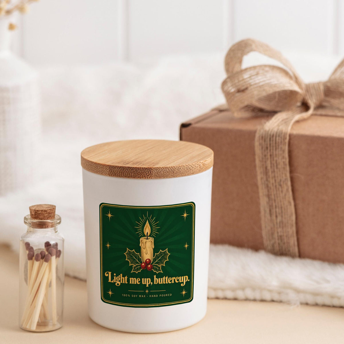 Funny Retro Style Christmas Candle with Ribbon Tied Gift Box and Matches Jar