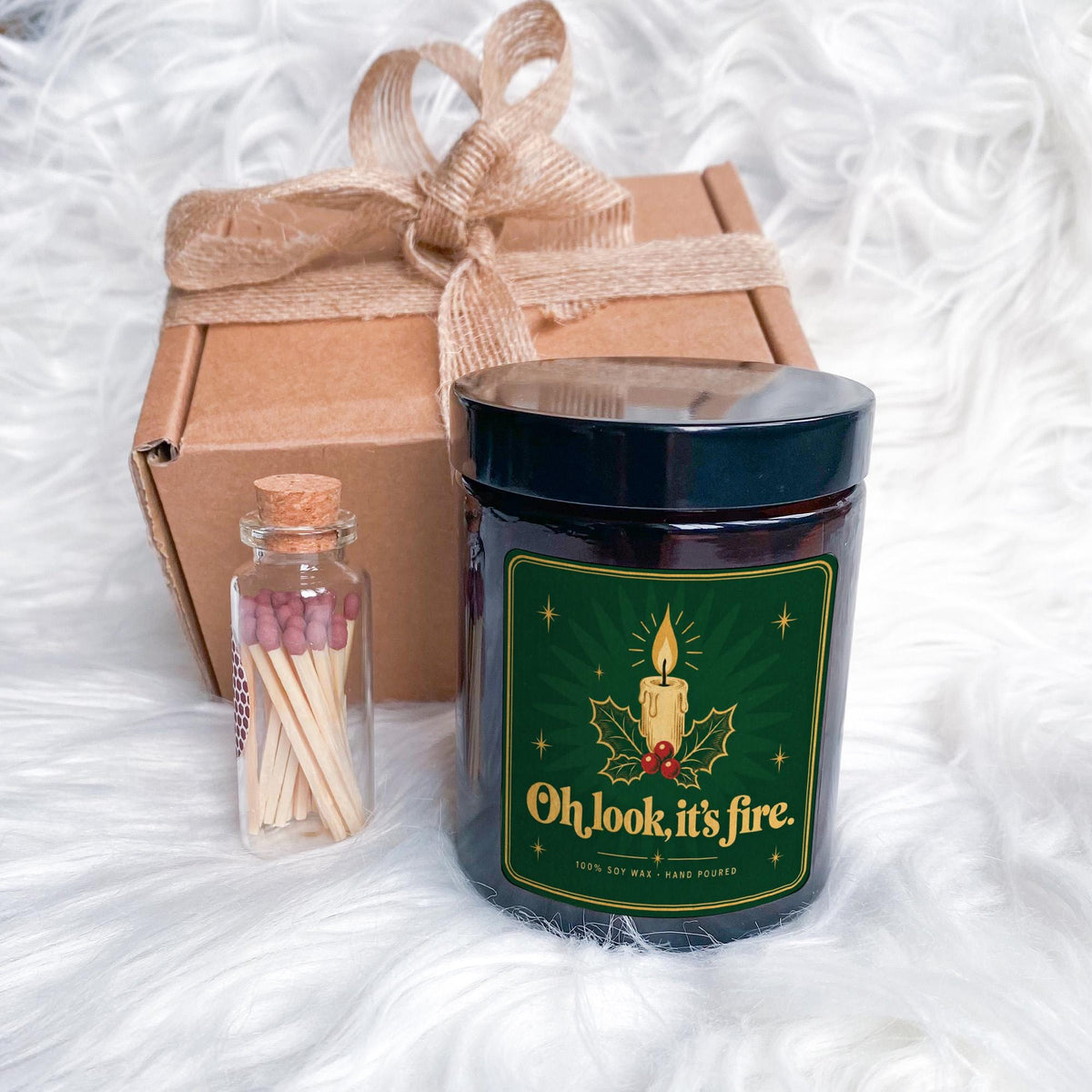 Funny Christmas Candle with Ribbon Tied Gift Box and Matches Jar Oh Look It’s Fire, Secret Santa