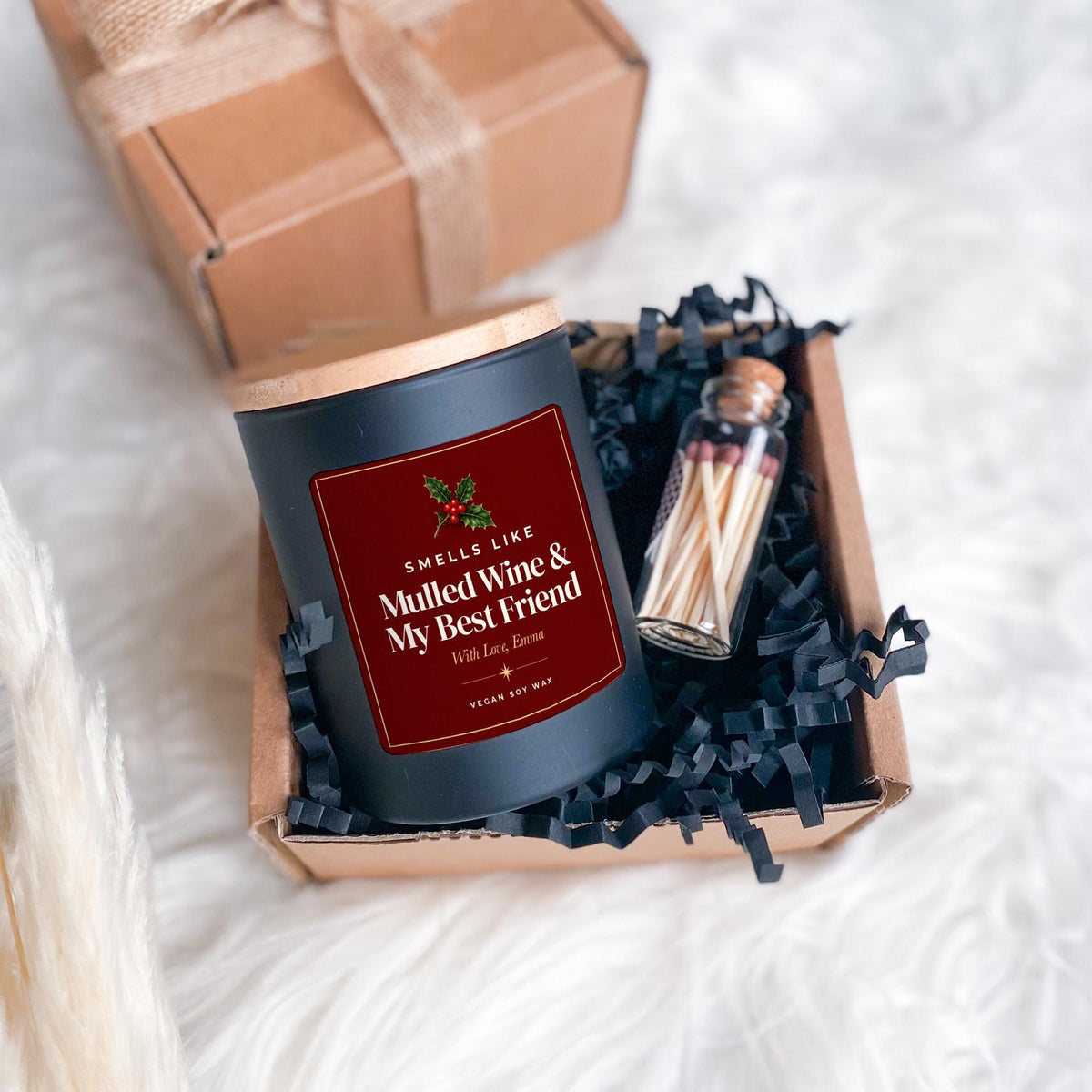 Best Friend Christmas Candle with Ribbon Tied Gift Box and Matches Jar, Personalised Xmas Present for Her