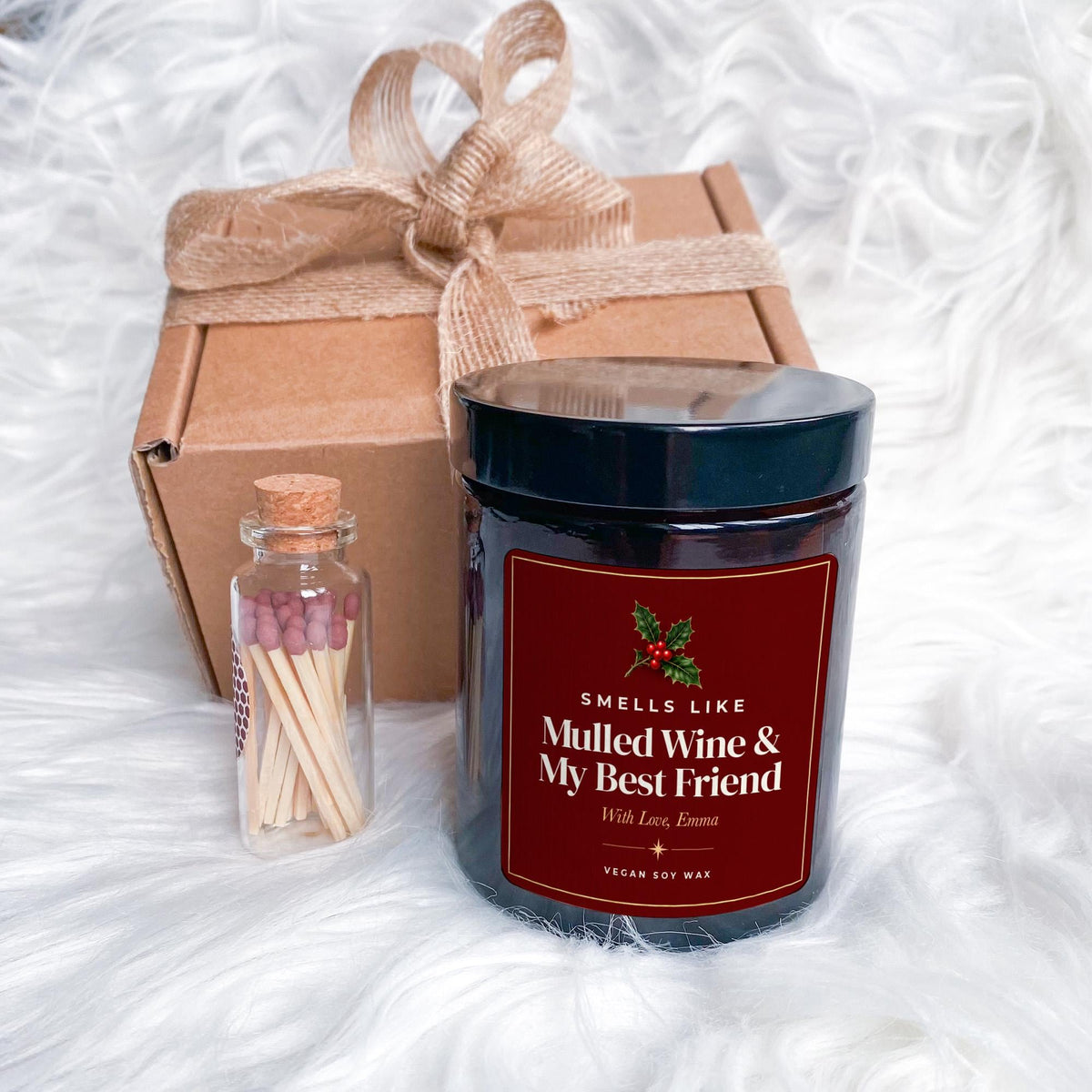 Best Friend Christmas Candle with Ribbon Tied Gift Box and Matches Jar, Personalised Xmas Present for Her