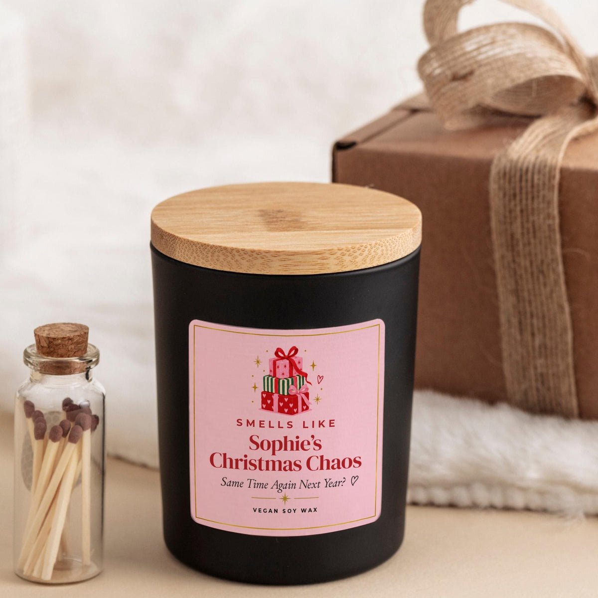 Funny Christmas Candle with Ribbon Tied Gift Box and Matches Jar