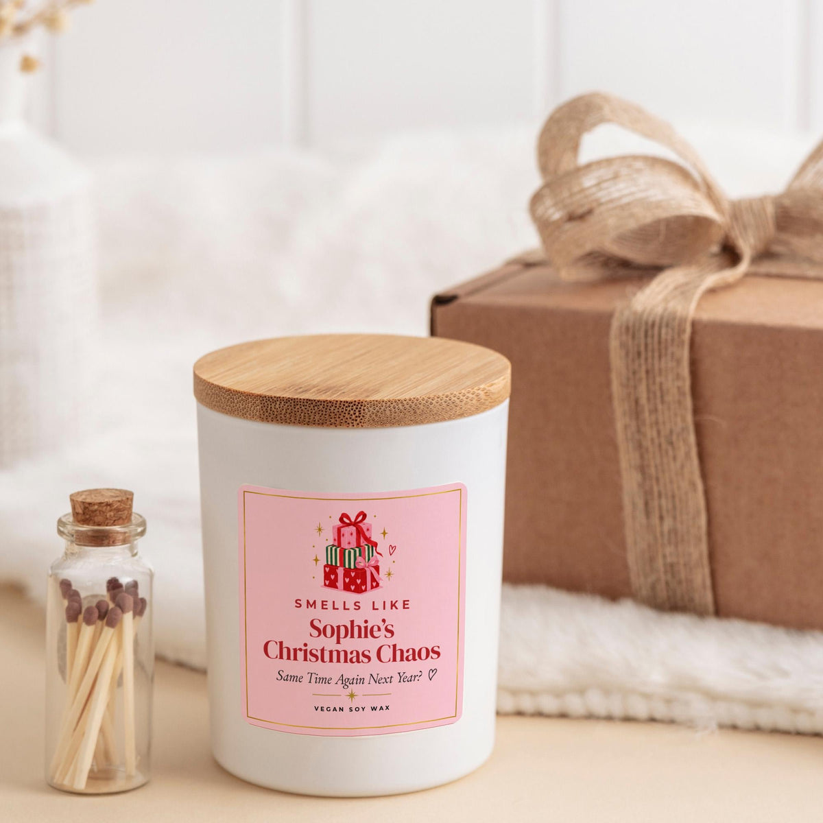 Funny Christmas Candle with Ribbon Tied Gift Box and Matches Jar