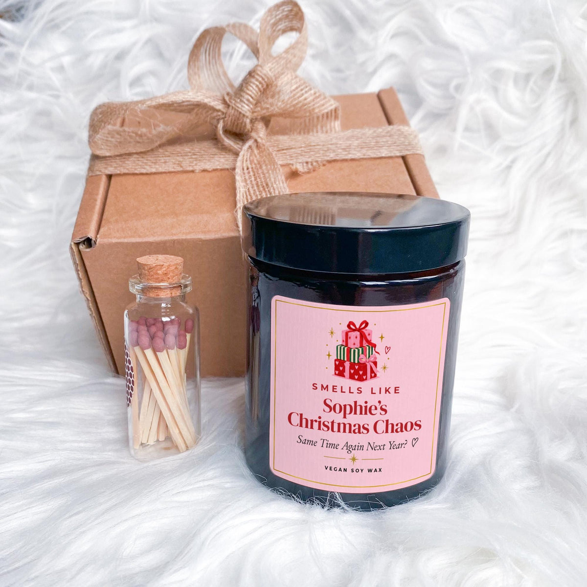 Funny Christmas Candle with Ribbon Tied Gift Box and Matches Jar