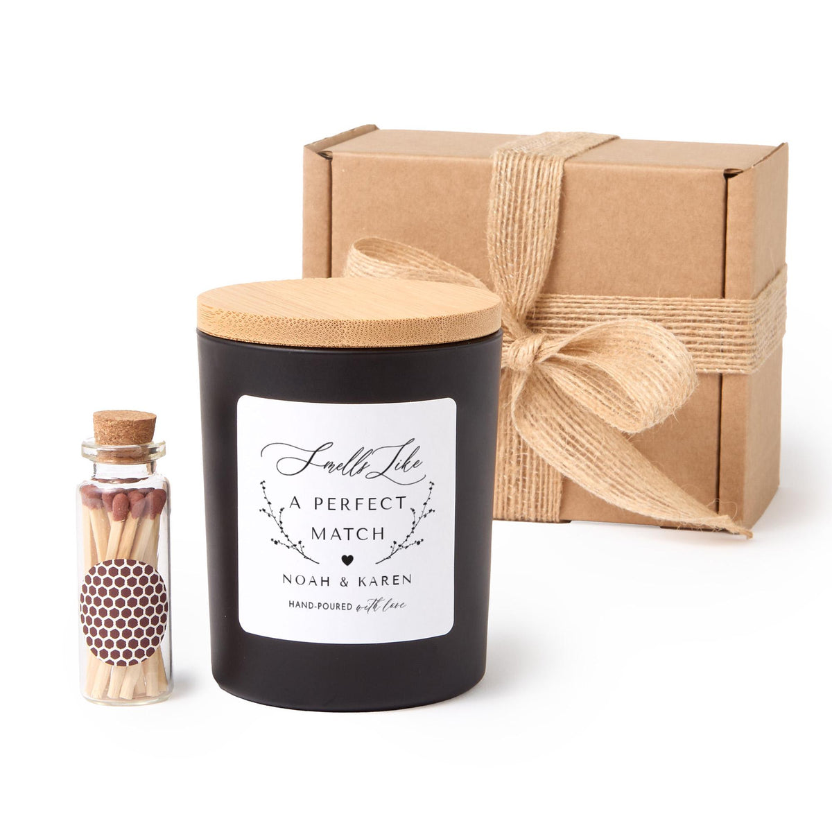 Personalised Candle for Couples with Ribbon Tied Gift Box and Matches Jar