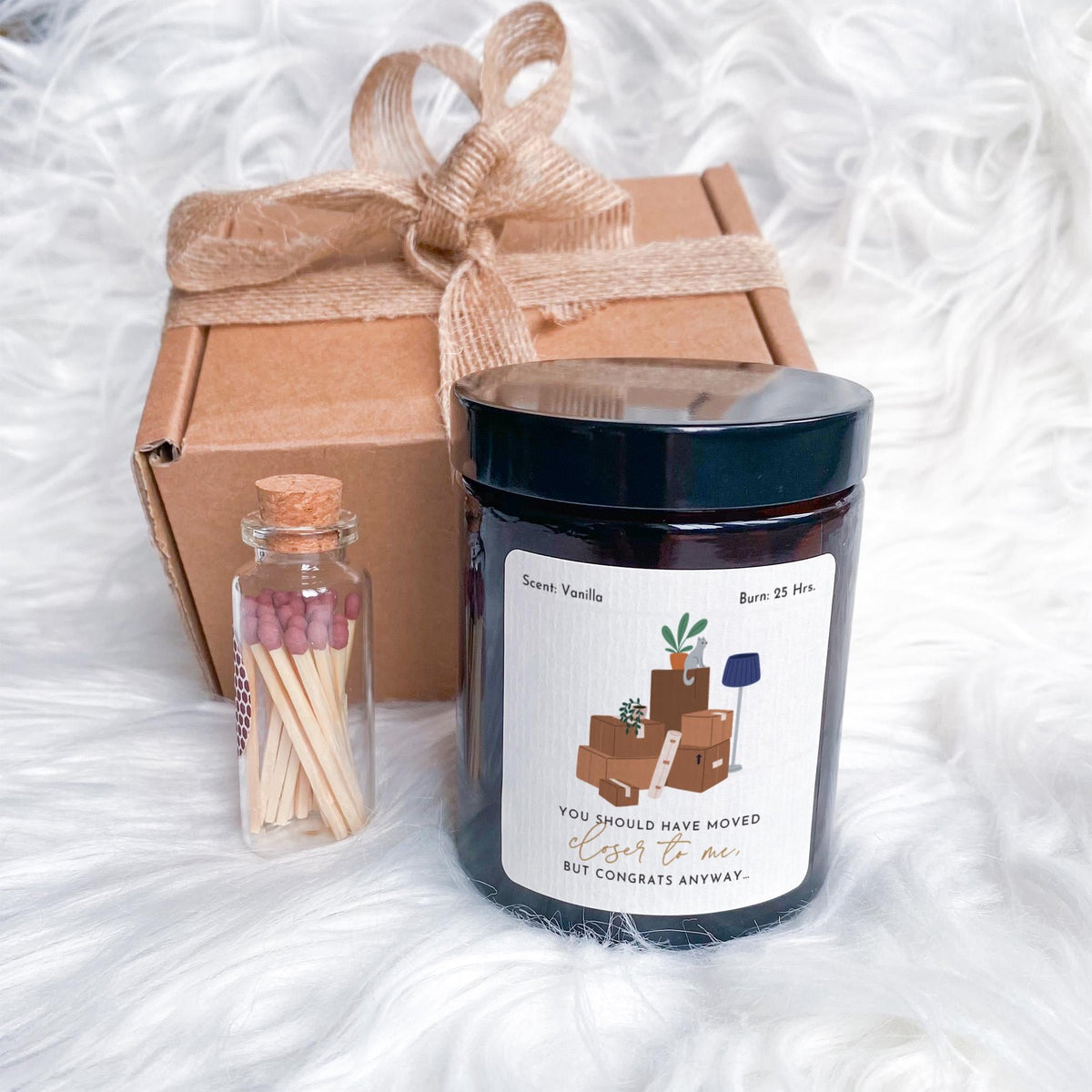 Moving Away Candle Gift for Friend with Ribbon Tied Gift Box and Matches Jar New Home, Funny Housewarming Present