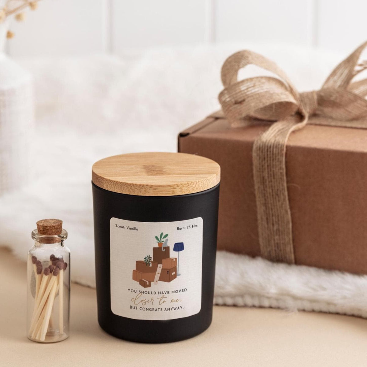 Moving Away Candle Gift for Friend with Ribbon Tied Gift Box and Matches Jar New Home, Funny Housewarming Present