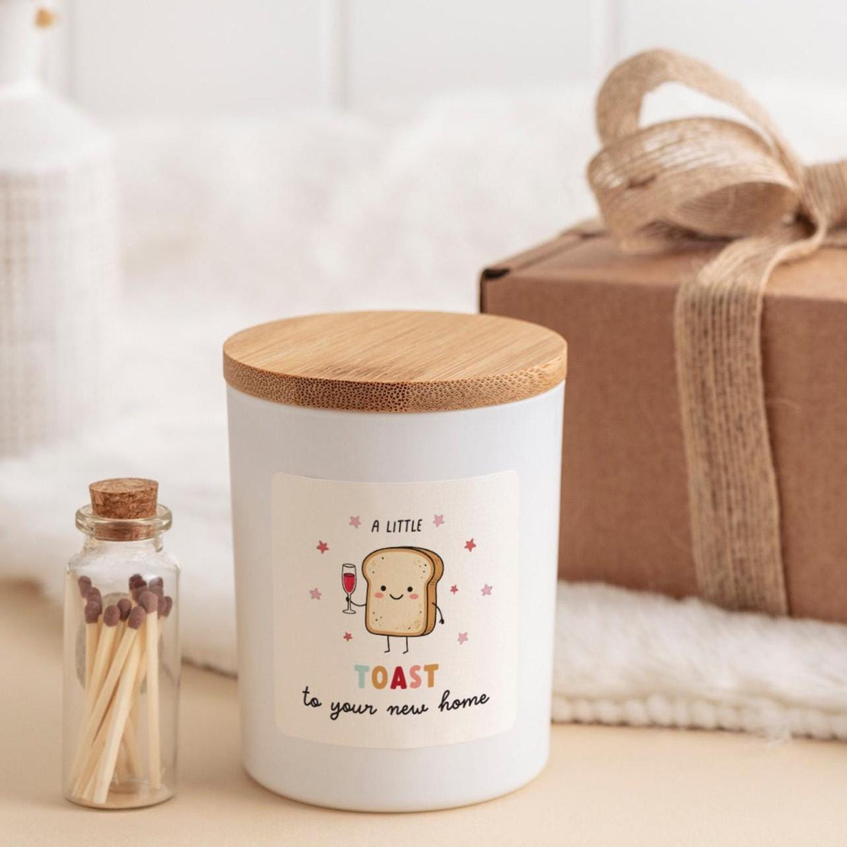 New Home Candle with Ribbon Tied Gift Box and Matches Jar Funny Housewarming Keepsake