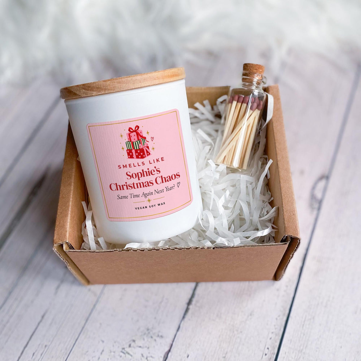 Funny Christmas Candle with Ribbon Tied Gift Box and Matches Jar
