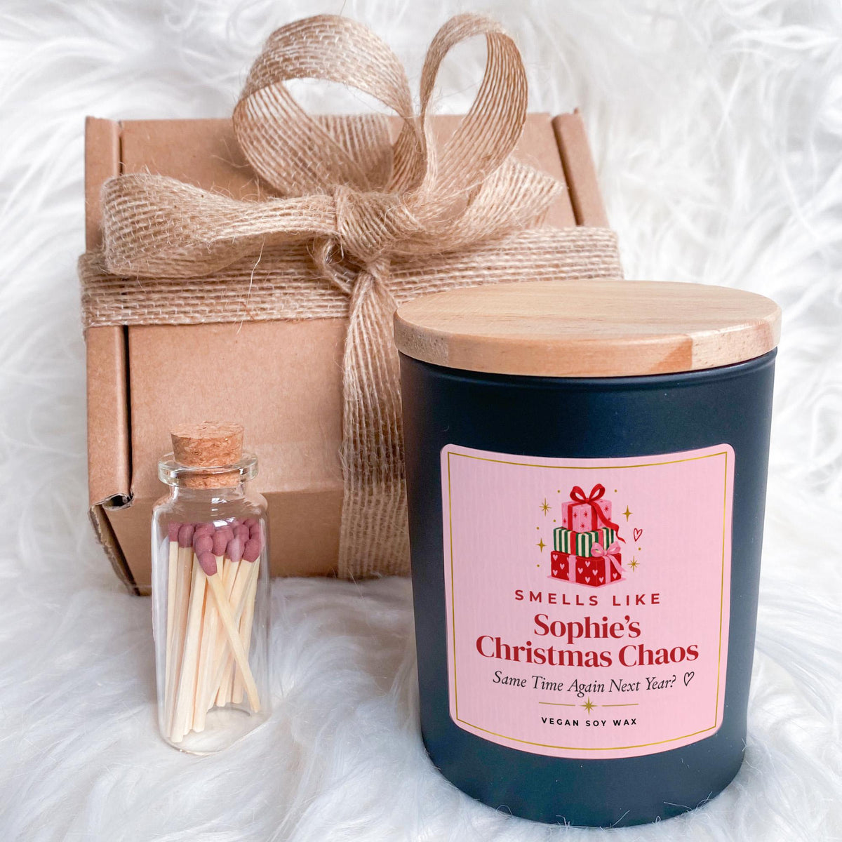 Funny Christmas Candle with Ribbon Tied Gift Box and Matches Jar