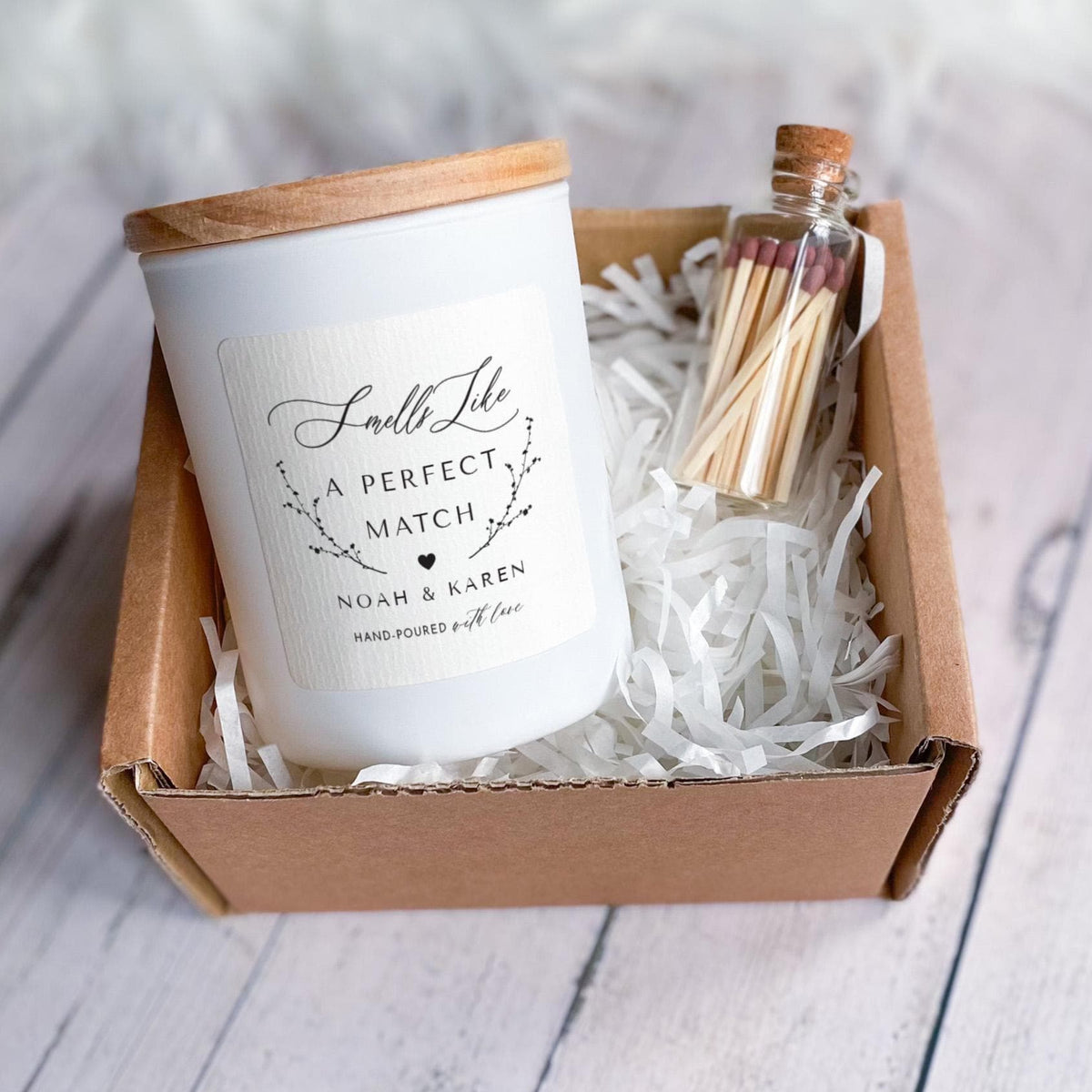 Personalised Candle for Couples with Ribbon Tied Gift Box and Matches Jar