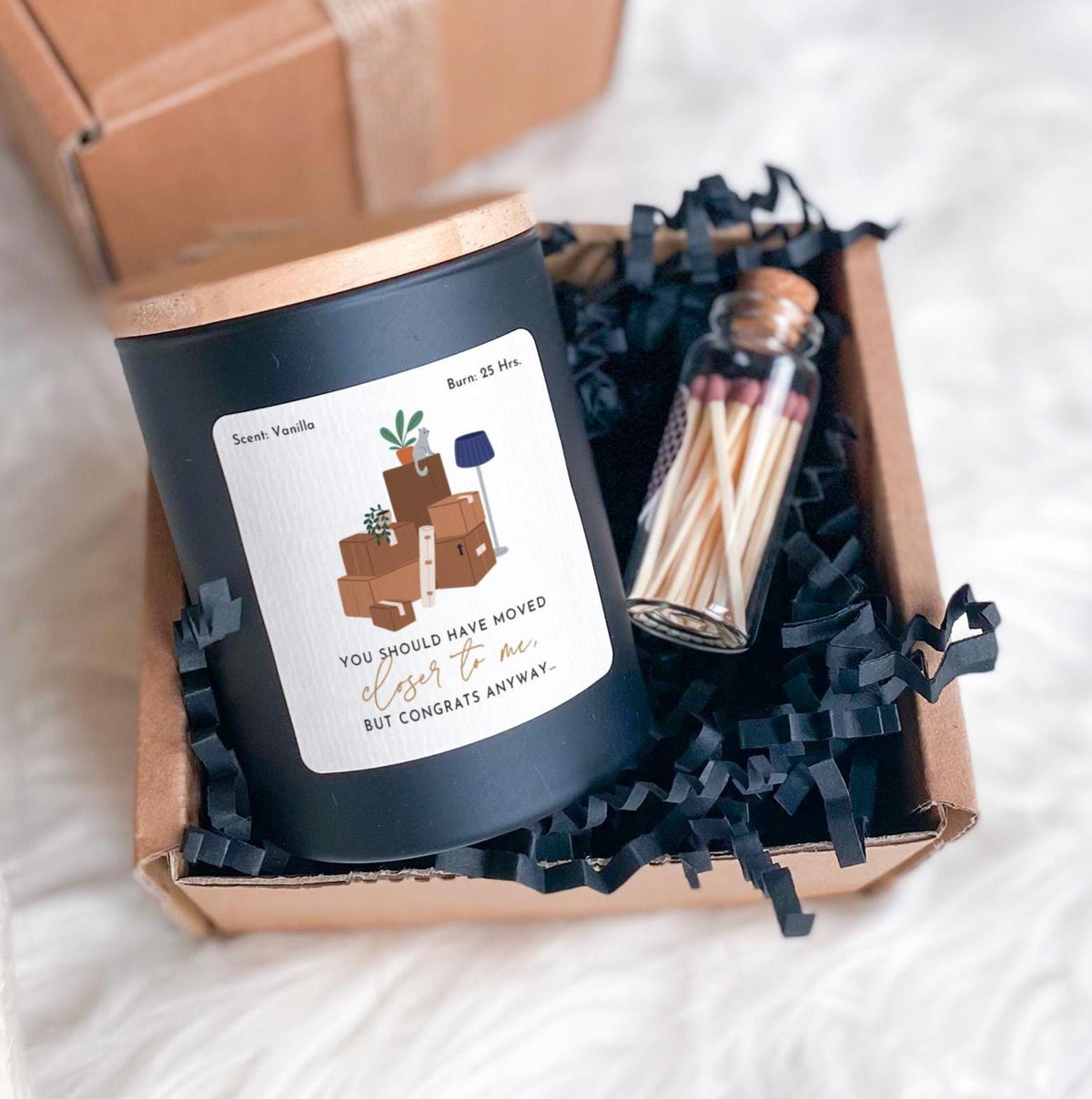 Moving Away Candle Gift for Friend with Ribbon Tied Gift Box and Matches Jar New Home, Funny Housewarming Present