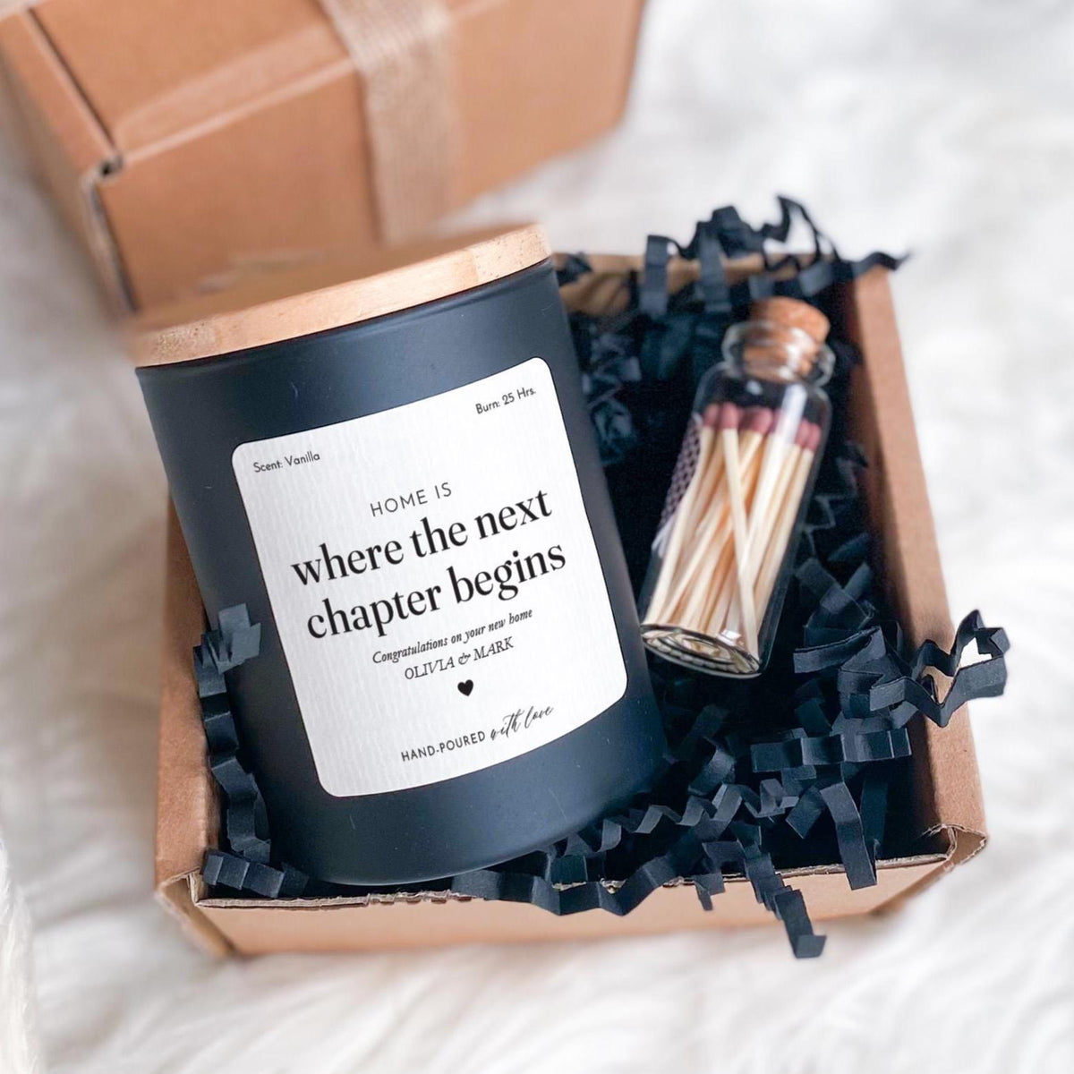 New Chapter Candle with Ribbon Tied Gift Box and Matches Jar Personalised Moving Home Gift