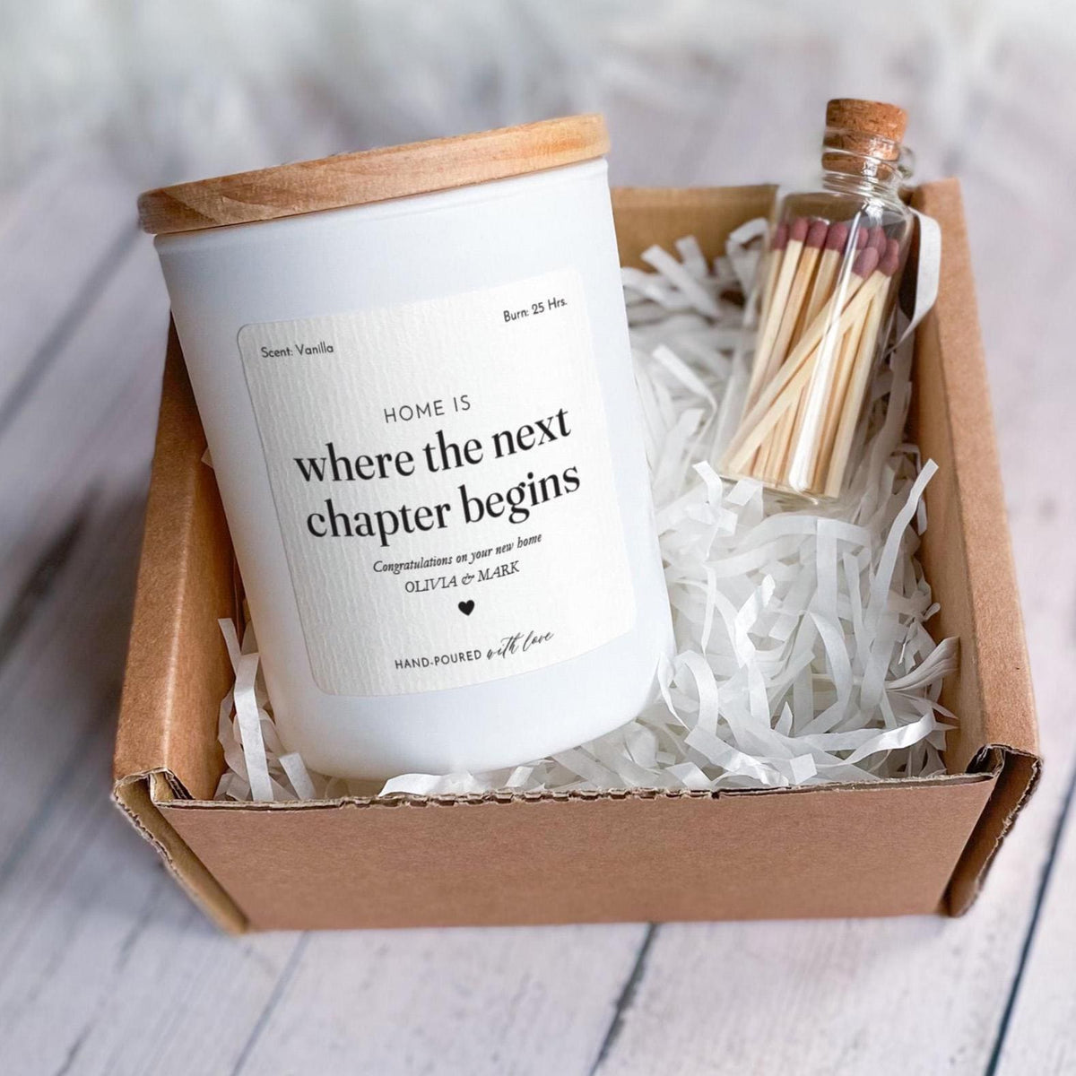 New Chapter Candle with Ribbon Tied Gift Box and Matches Jar Personalised Moving Home Gift