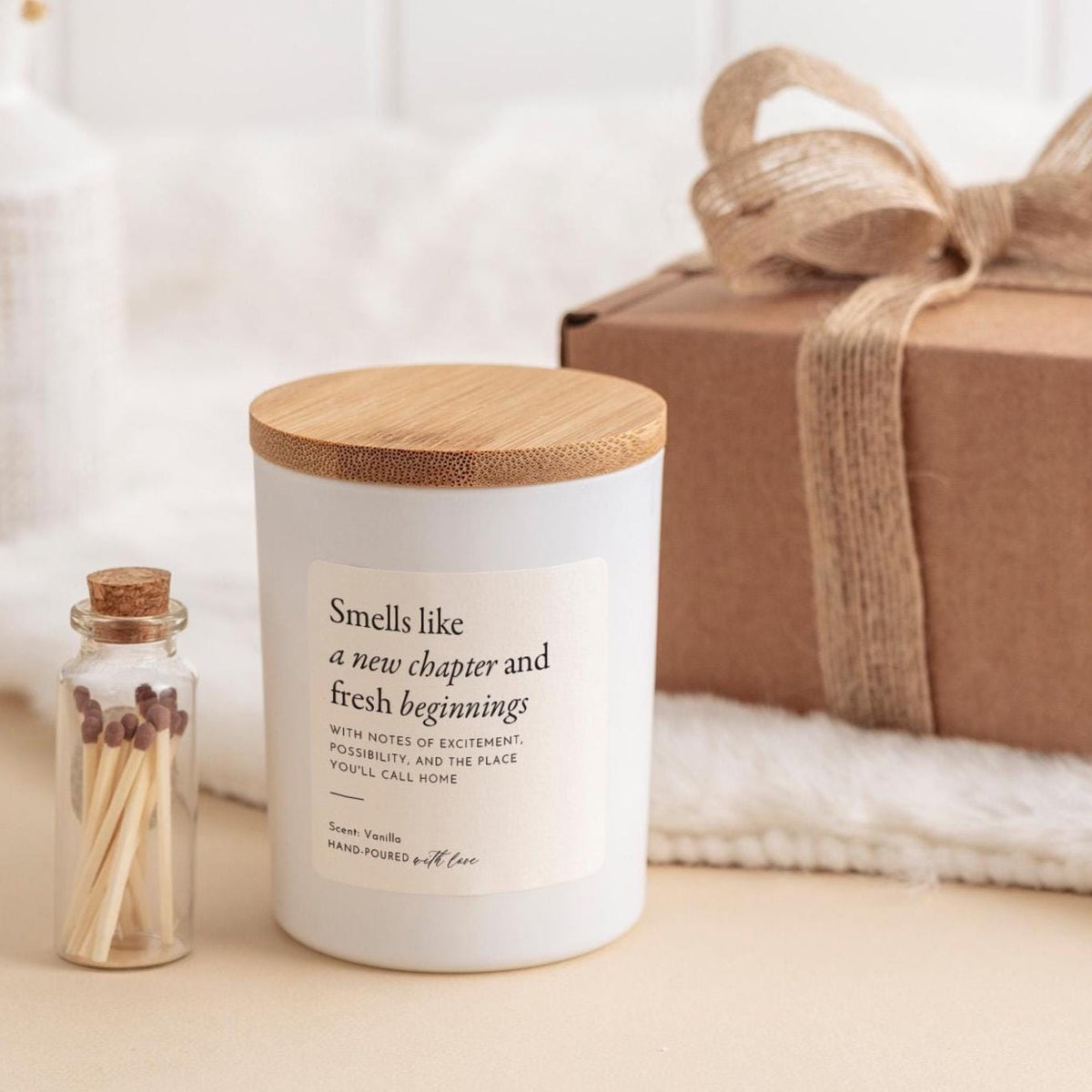 Fresh Beginnings Candle with Ribbon Tied Gift Box and Matches Jar, New Home Keepsake