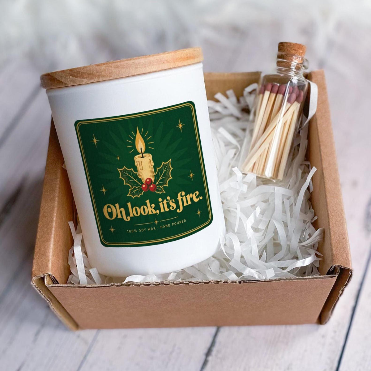 Funny Christmas Candle with Gift Box and Matches Jar, Oh Look It’s Fire, Secret Santa, Stocking Filler, Vegan Soy Wax