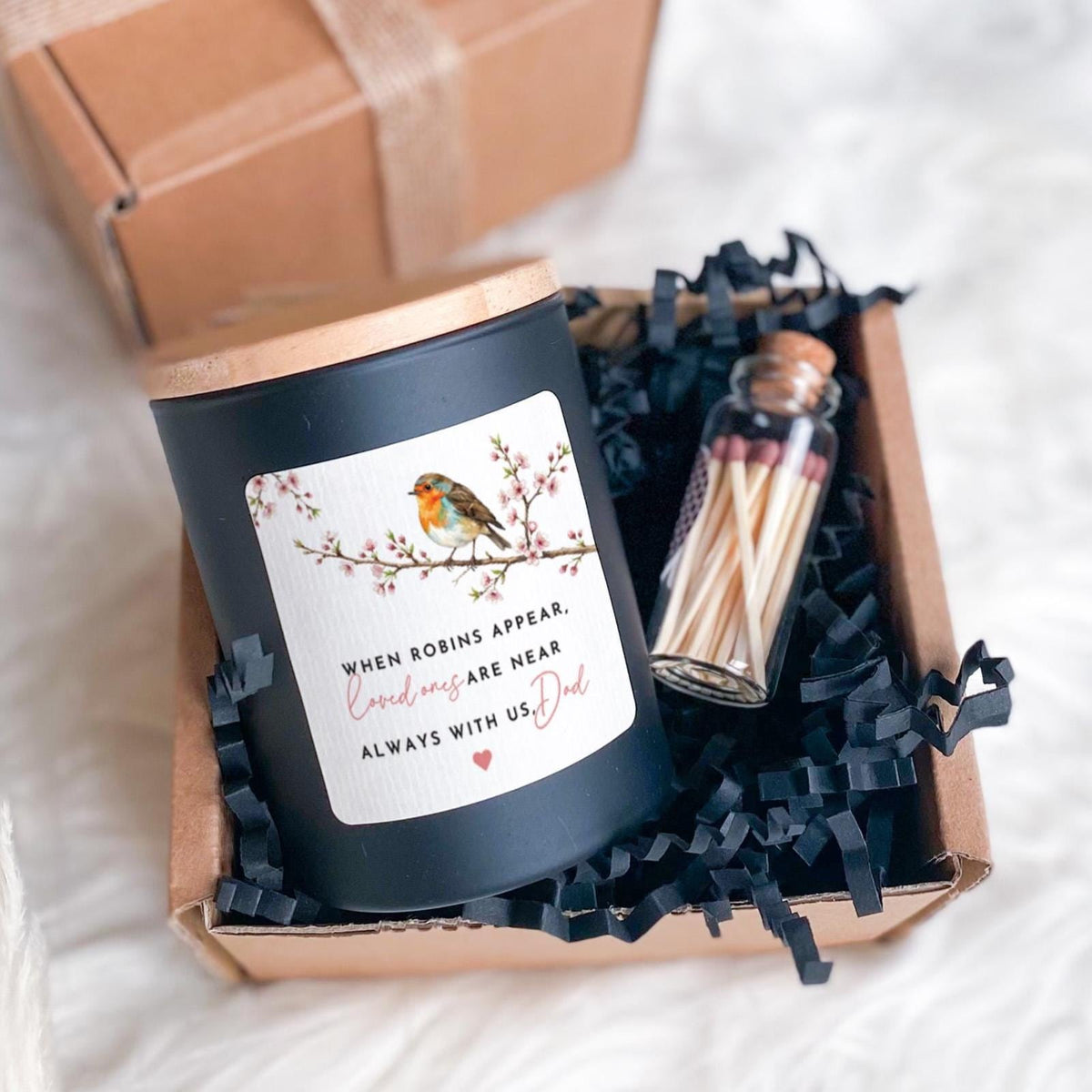 Personalised Robin Memorial Candle with Ribbon-Tie Box and Matches Jar, Sympathy Gift, ANY ROLE or NAME