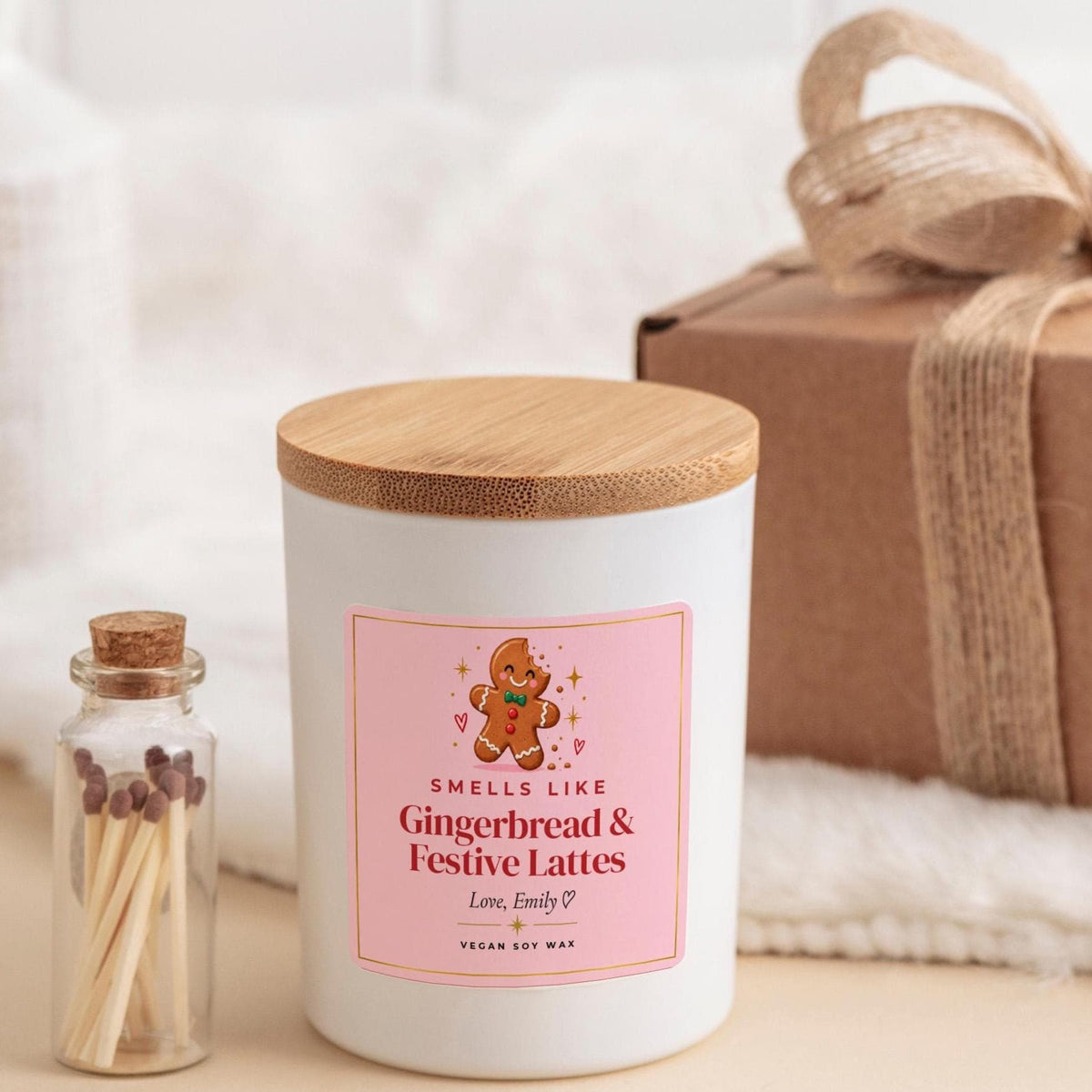 Personalised Christmas Candle With Ribbon Tied Gift Box, Gingerbread Xmas Festive Present for Her