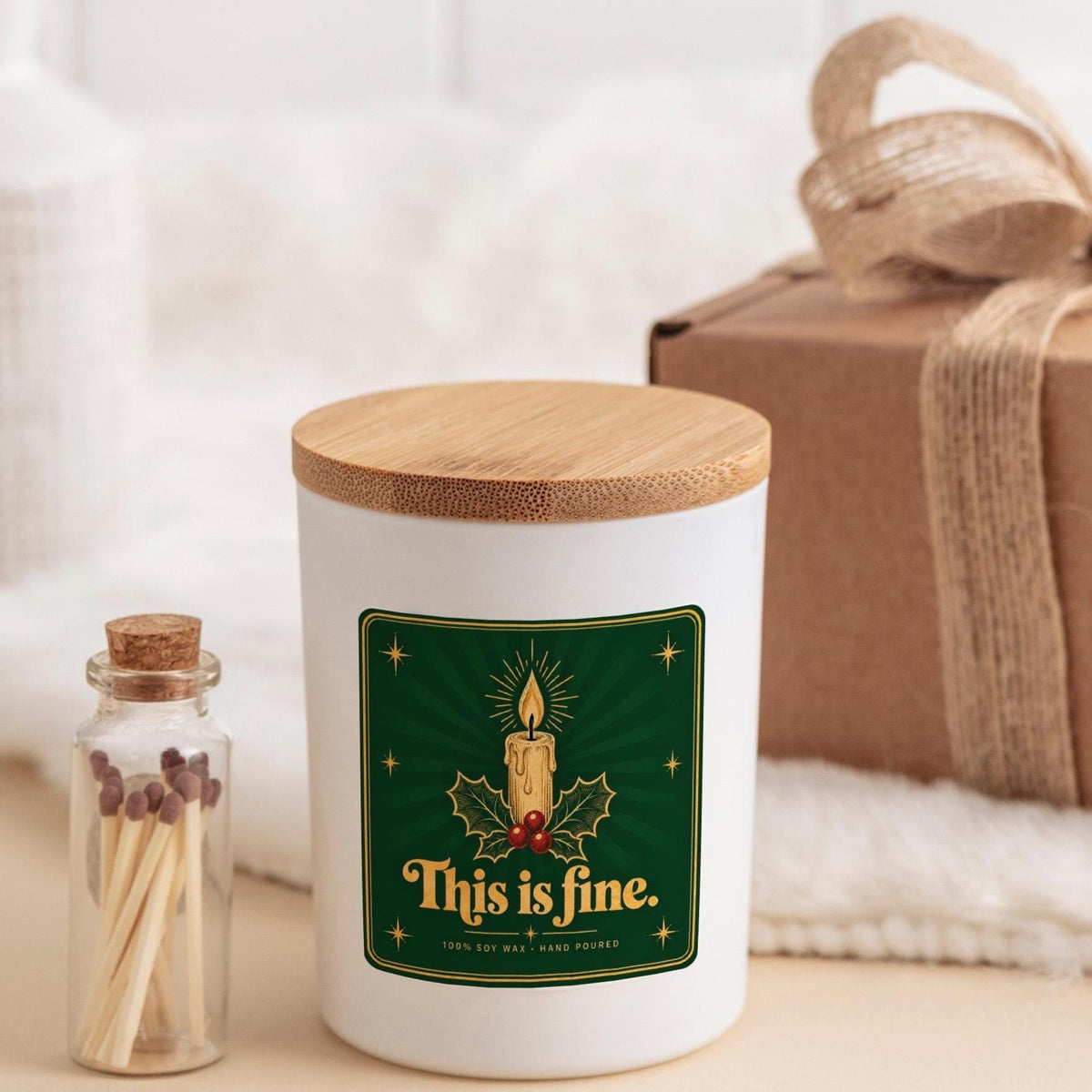 This Is Fine Candle with Gift Box and Matches Jar, Quirky Christmas Gift, Funny Office Present, Festive Soy Wax Candle