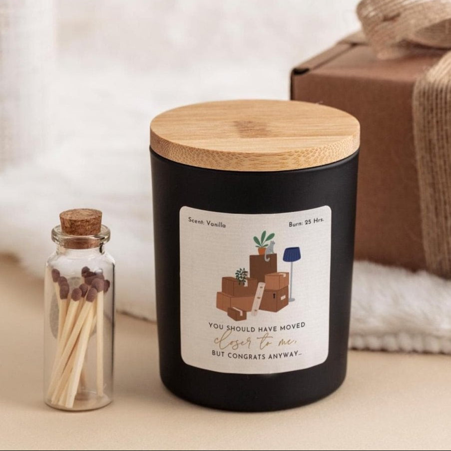 Moving Away Candle Gift for Friend with Ribbon Tied Gift Box and Matches Jar New Home, Funny Housewarming Present
