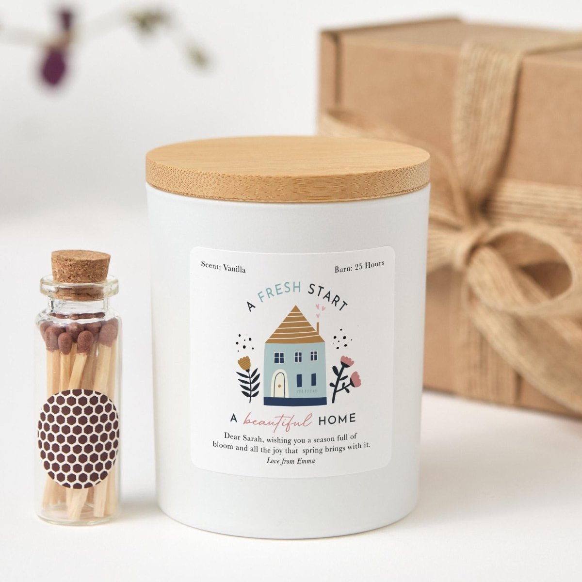 New Home Candle Gift, Personalised Housewarming Soy Wax Candle, Fresh Start