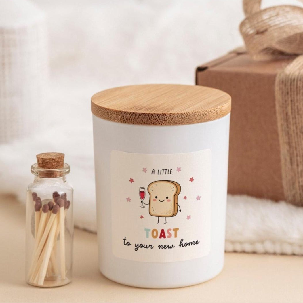 New Home Candle with Ribbon Tied Gift Box and Matches Jar Funny Housewarming Keepsake