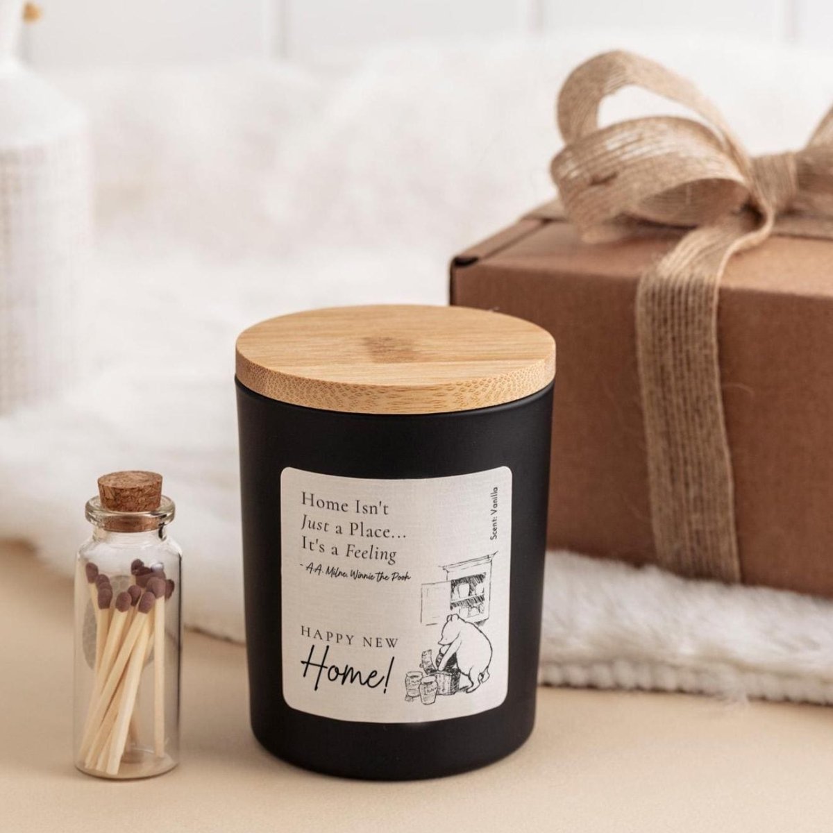 New Home Candle with Ribbon Tied Gift Box and Matches Jar, Housewarming Gift, New House Keepsake