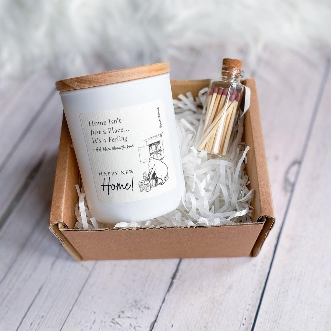 New Home Candle with Ribbon Tied Gift Box and Matches Jar, Housewarming Gift, New House Keepsake